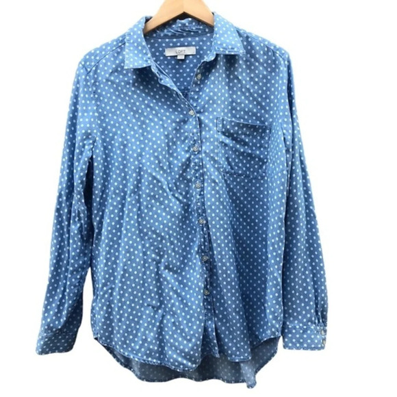 Loft Denim Blue Polka Dots Long Sleeve Button Down Blouse Size L - Picture 1 of 10